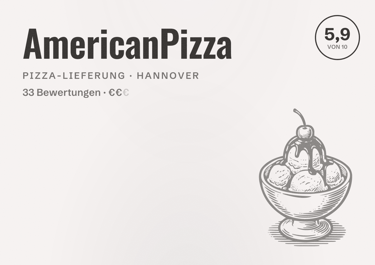 Illustriertes Poster von AmericanPizza, Pizza-Lieferung in Hannover: Bewertung 5,9 von 10 aus 33 Bewertungen, Preisniveau €€