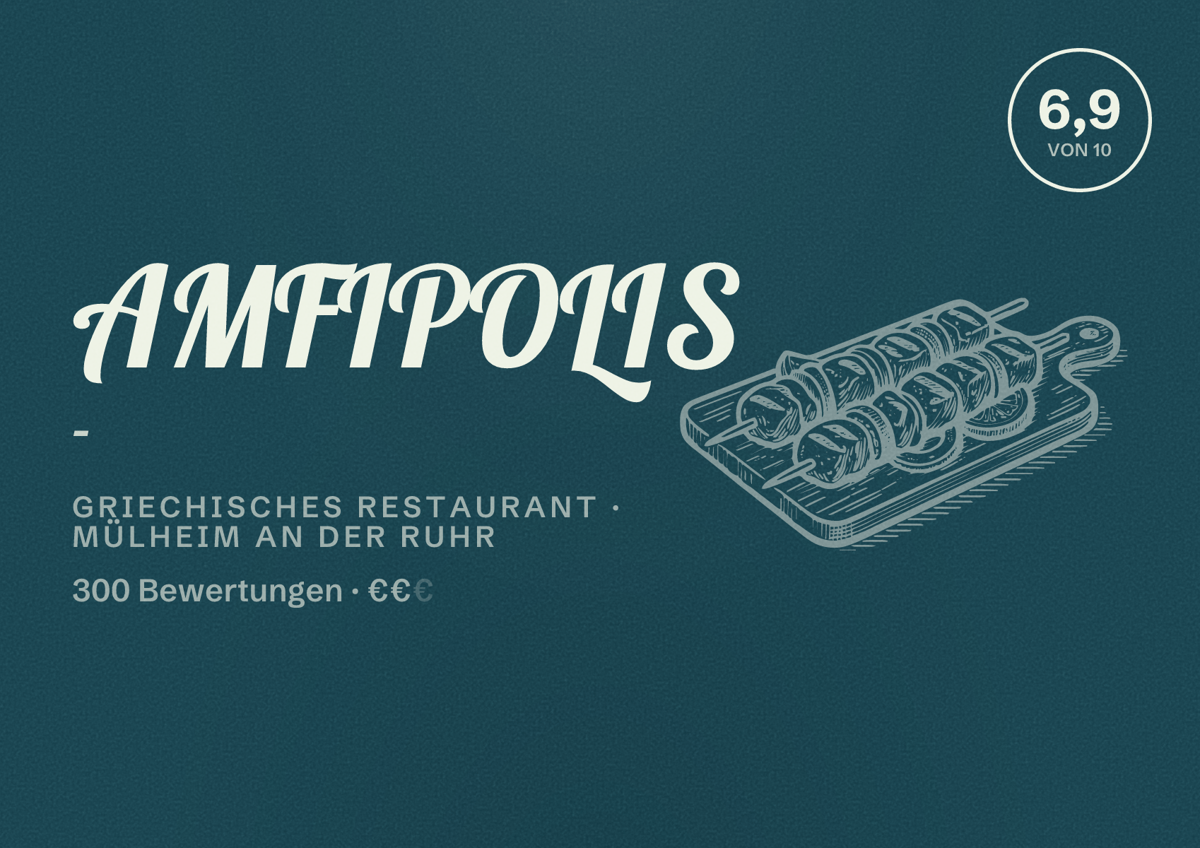 Illustriertes Poster von AMFIPOLIS -, Griechisches Restaurant in Mülheim an der Ruhr: Bewertung 6,9 von 10 aus 300 Bewertungen, Preisniveau €€