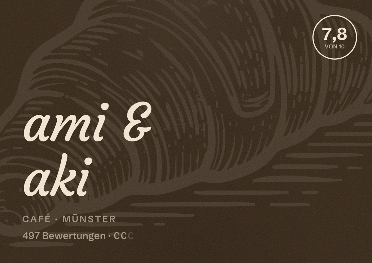 Illustriertes Poster von ami & aki, Café in Münster: Bewertung 7,8 von 10 aus 497 Bewertungen, Preisniveau €€