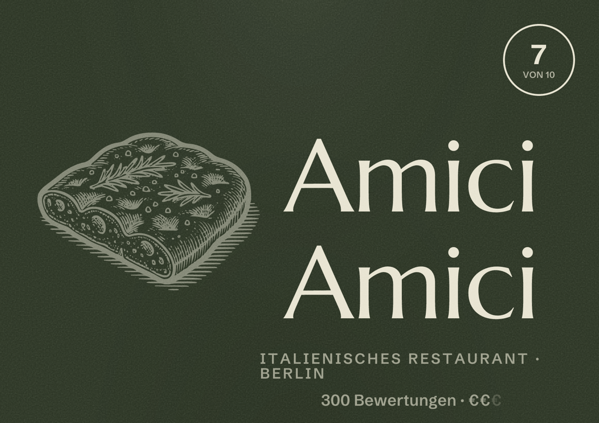 Illustriertes Poster von Amici Amici, Italienisches Restaurant in Berlin: Bewertung 7,0 von 10 aus 300 Bewertungen, Preisniveau €€