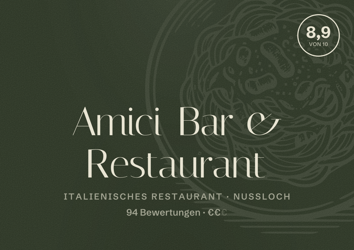 Illustriertes Poster von Amici Bar & Restaurant, Italienisches Restaurant in Nußloch: Bewertung 8,9 von 10 aus 94 Bewertungen, Preisniveau €€