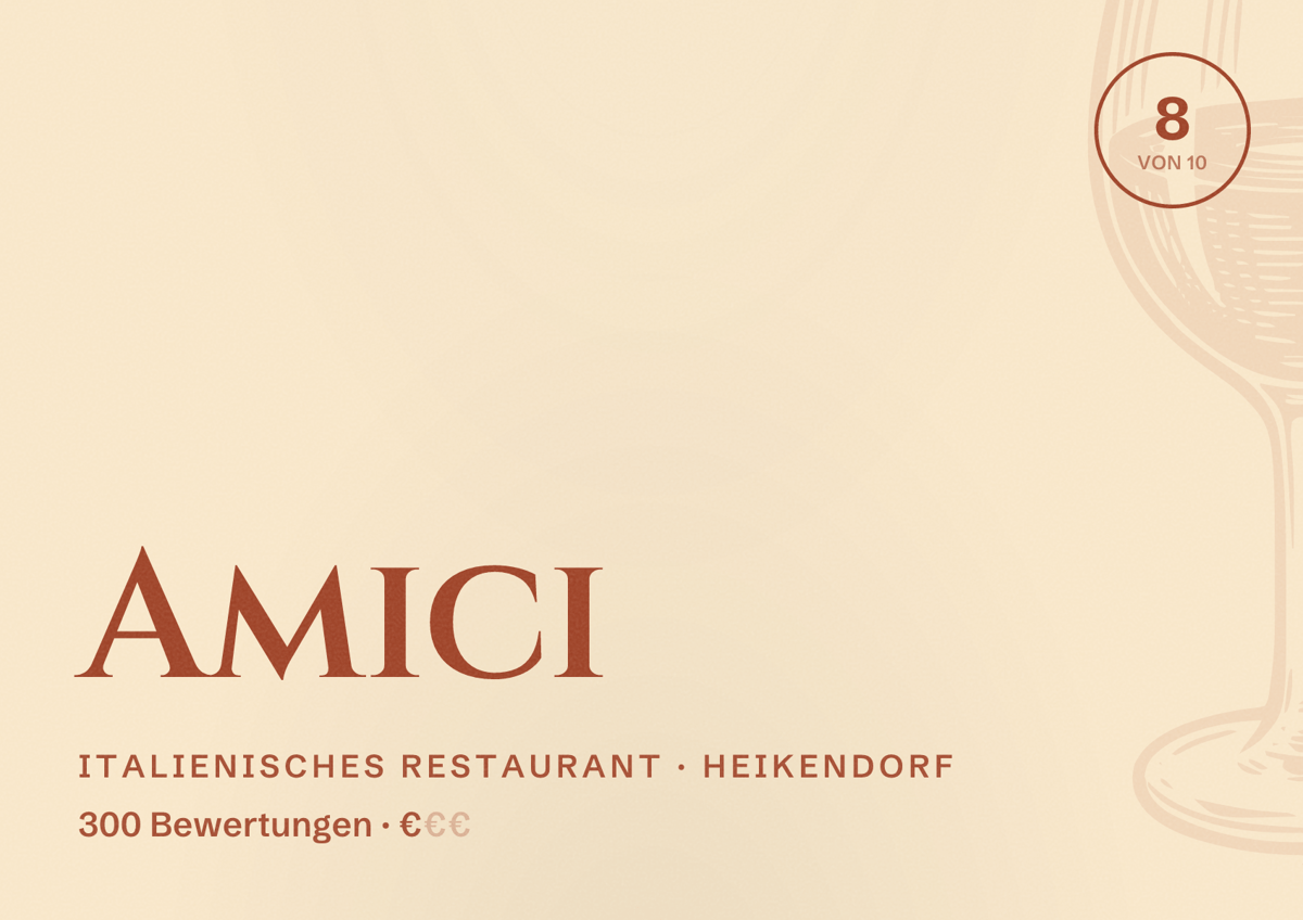 Illustriertes Poster von Amici, Italienisches Restaurant in Heikendorf: Bewertung 8 von 10 aus 300 Bewertungen, Preisniveau €