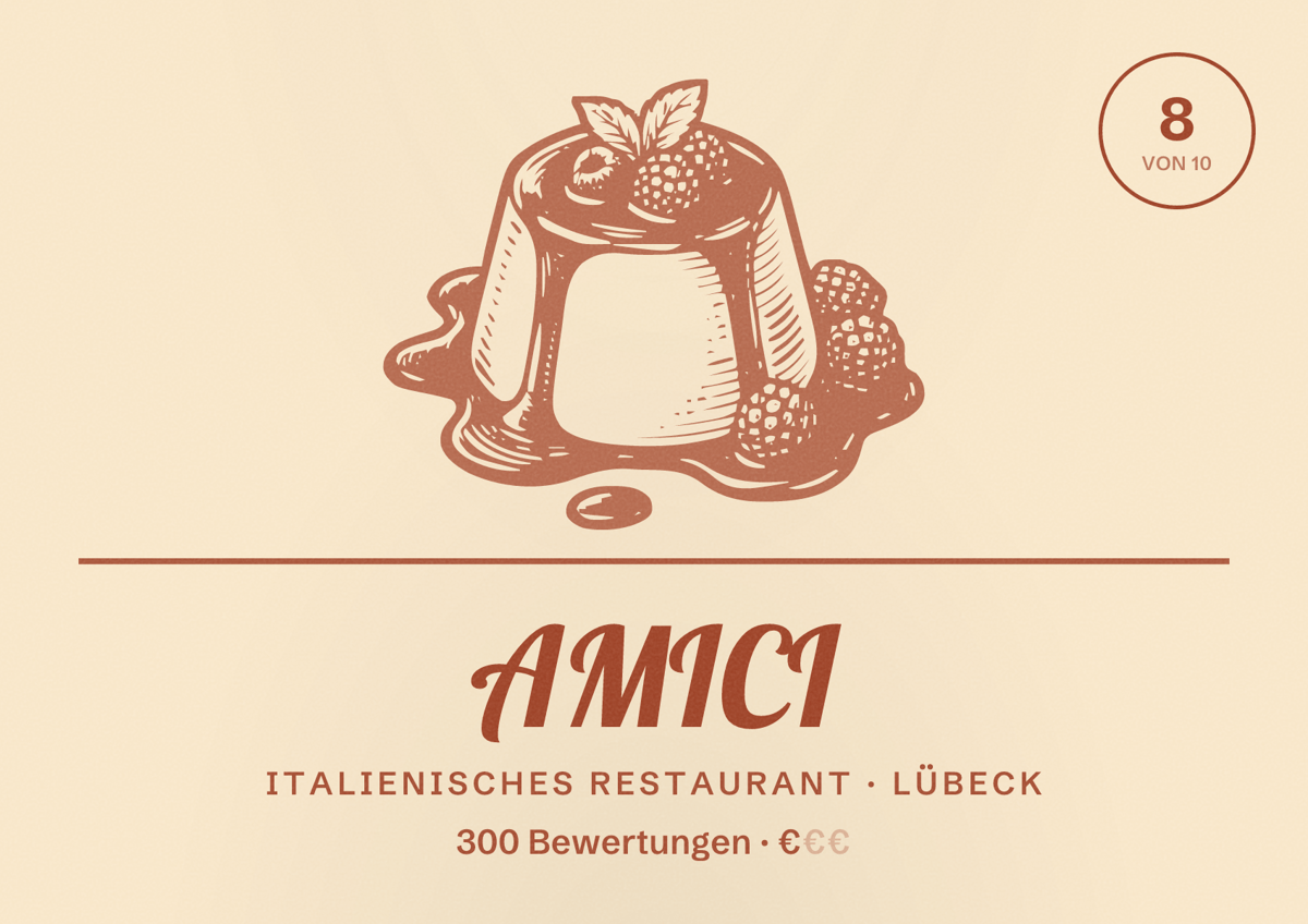 Illustriertes Poster von AMICI, Italienisches Restaurant in Lübeck: Bewertung 8 von 10 aus 300 Bewertungen, Preisniveau €