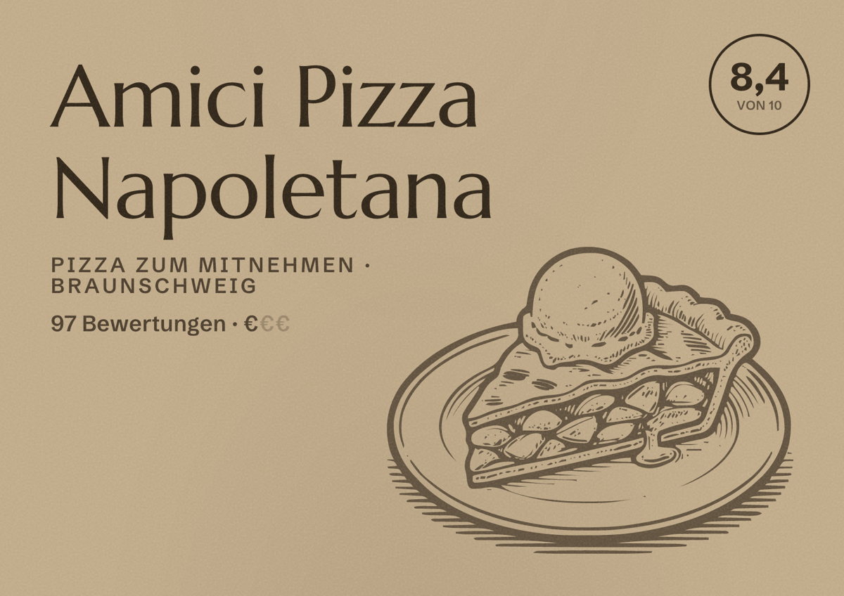 Illustriertes Poster von Amici Pizza Napoletana, Pizza zum Mitnehmen in Braunschweig: Bewertung 8,4 von 10 aus 97 Bewertungen, Preisniveau €