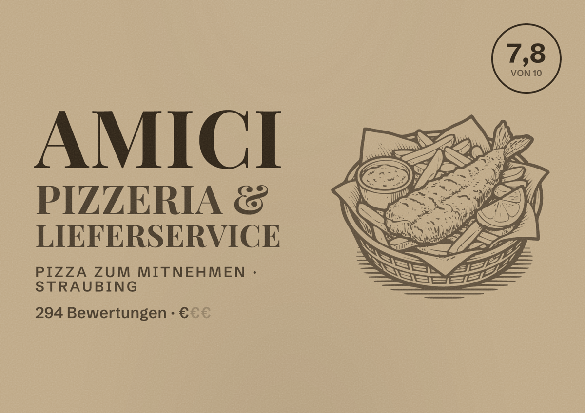 Illustriertes Poster von Amici Pizzeria & Lieferservice, Pizza zum Mitnehmen in Straubing: Bewertung 7,8 von 10 aus 294 Bewertungen, Preisniveau €