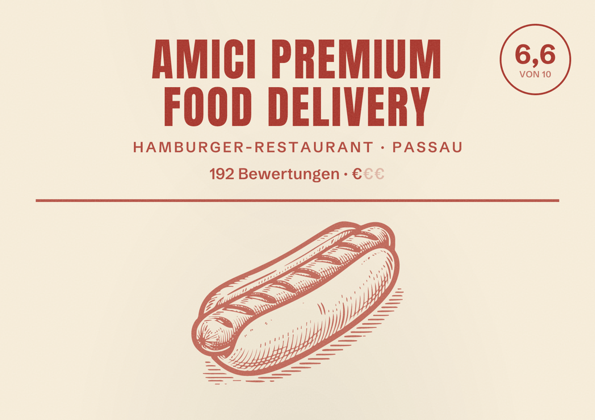 Illustriertes Poster von Amici Premium Food Delivery, Hamburger-Restaurant in Passau: Bewertung 6,6 von 10 aus 192 Bewertungen, Preisniveau €