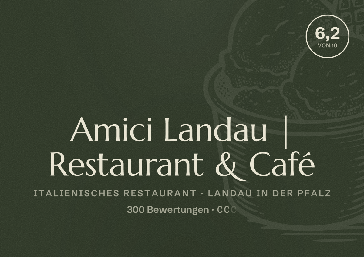 Illustriertes Poster von Amici Landau | Restaurant & Café, Italienisches Restaurant in Landau in der Pfalz: Bewertung 6,2 von 10 aus 300 Bewertungen, Preisniveau €€