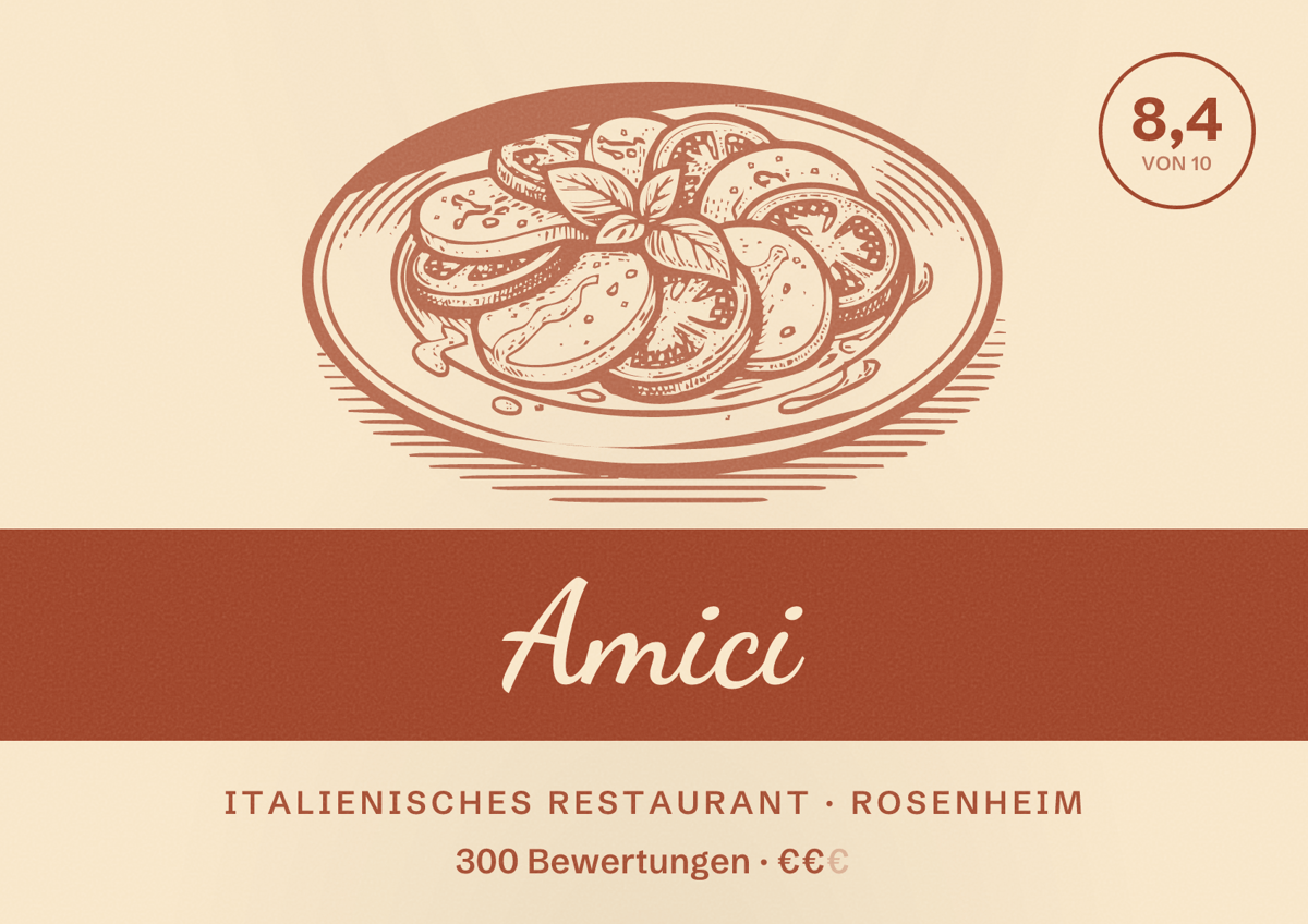 Illustriertes Poster von Amici, Italienisches Restaurant in Rosenheim: Bewertung 8,4 von 10 aus 300 Bewertungen, Preisniveau €€