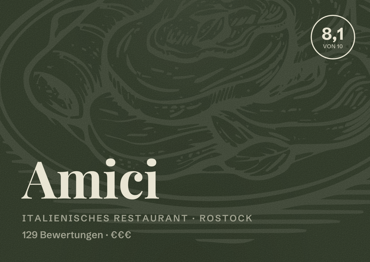 Illustriertes Poster von Amici, Italienisches Restaurant in Rostock: Bewertung 8,1 von 10 aus 129 Bewertungen, Preisniveau €€€
