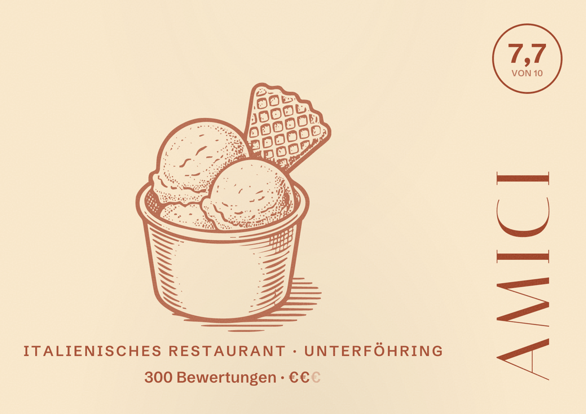 Illustriertes Poster von Amici, Italienisches Restaurant in Unterföhring: Bewertung 7,7 von 10 aus 300 Bewertungen, Preisniveau €€