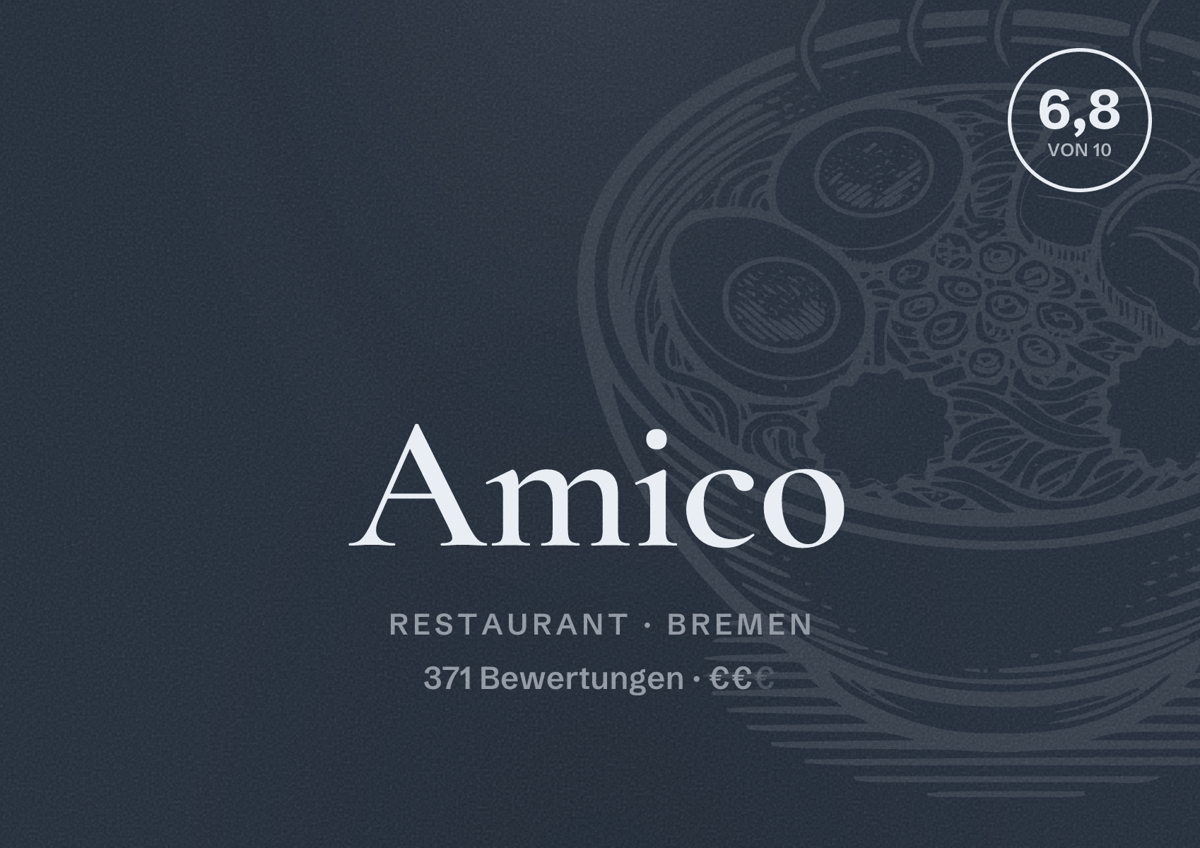 Illustriertes Poster von Amico, Restaurant in Bremen: Bewertung 6,8 von 10 aus 371 Bewertungen, Preisniveau €€