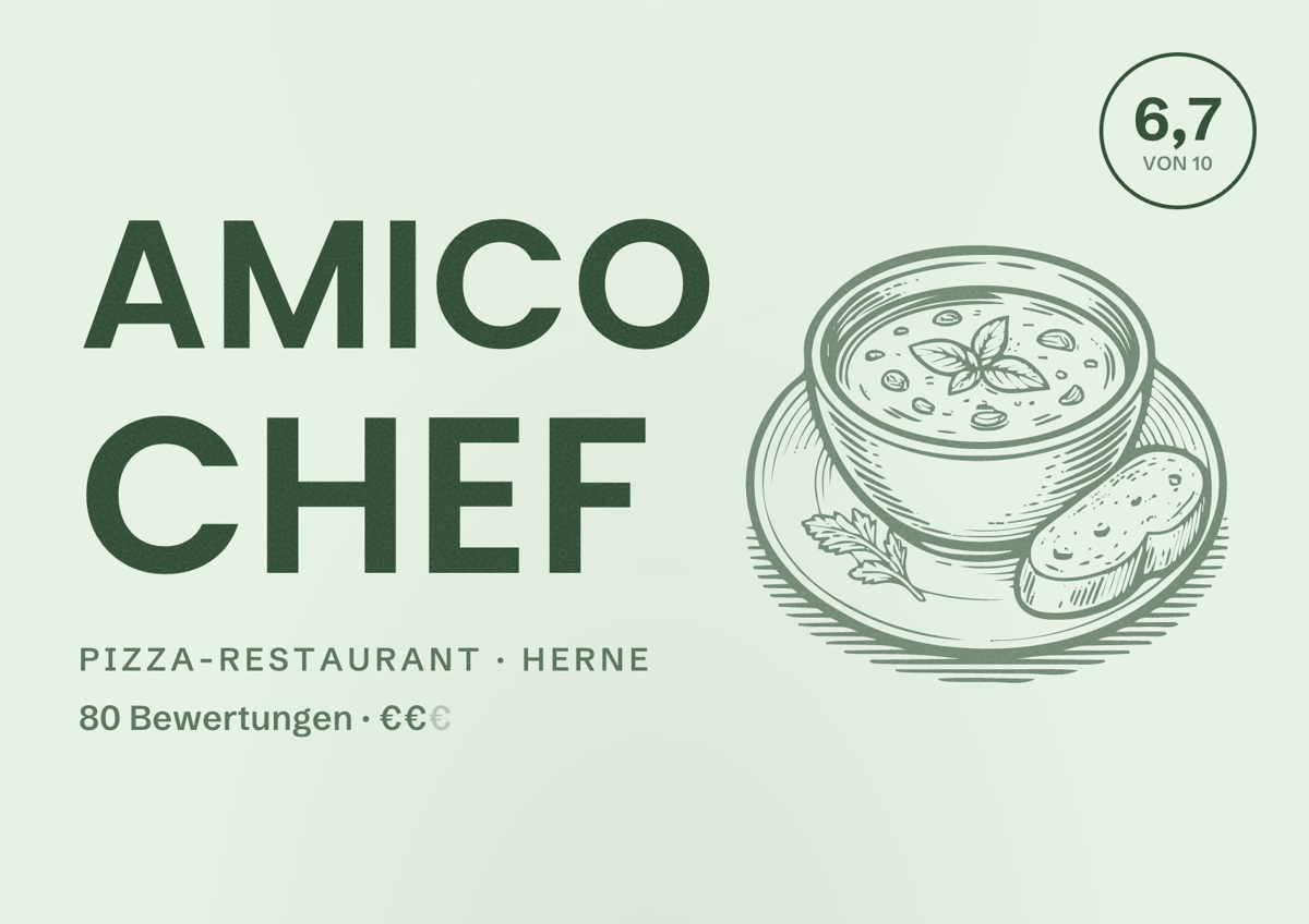 Illustriertes Poster von Amico Chef, Pizza-Restaurant in Herne: Bewertung 6,7 von 10 aus 80 Bewertungen, Preisniveau €€