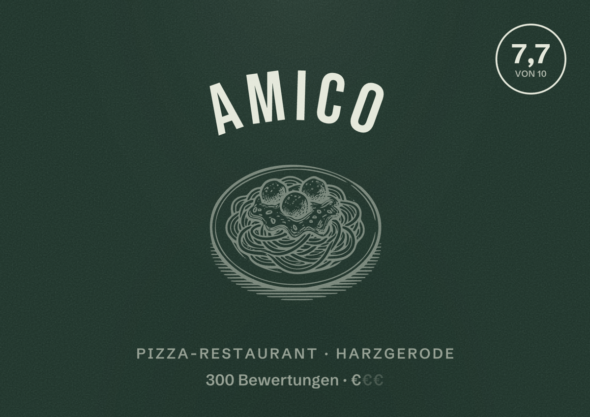 Illustriertes Poster von Amico, Pizza-Restaurant in Harzgerode: Bewertung 7,7 von 10 aus 300 Bewertungen, Preisniveau €
