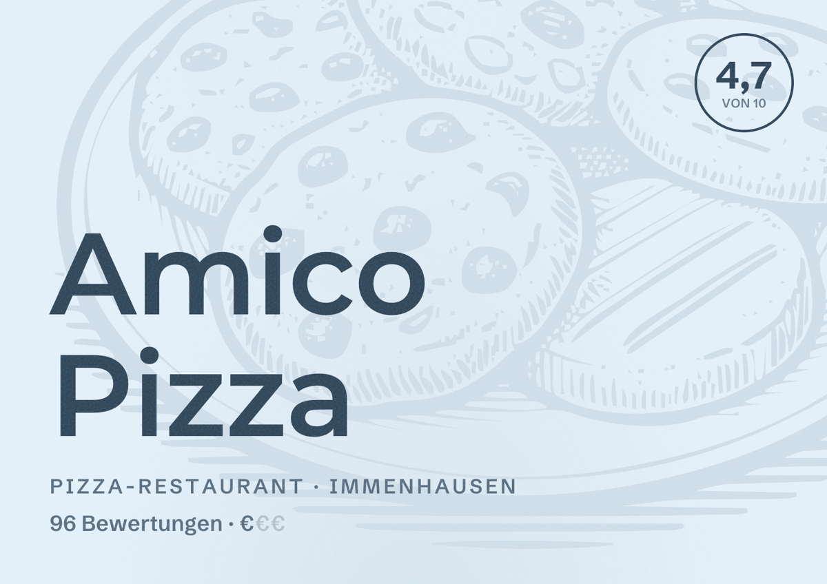 Illustriertes Poster von Amico Pizza, Pizza-Restaurant in Immenhausen: Bewertung 4,7 von 10 aus 96 Bewertungen, Preisniveau €
