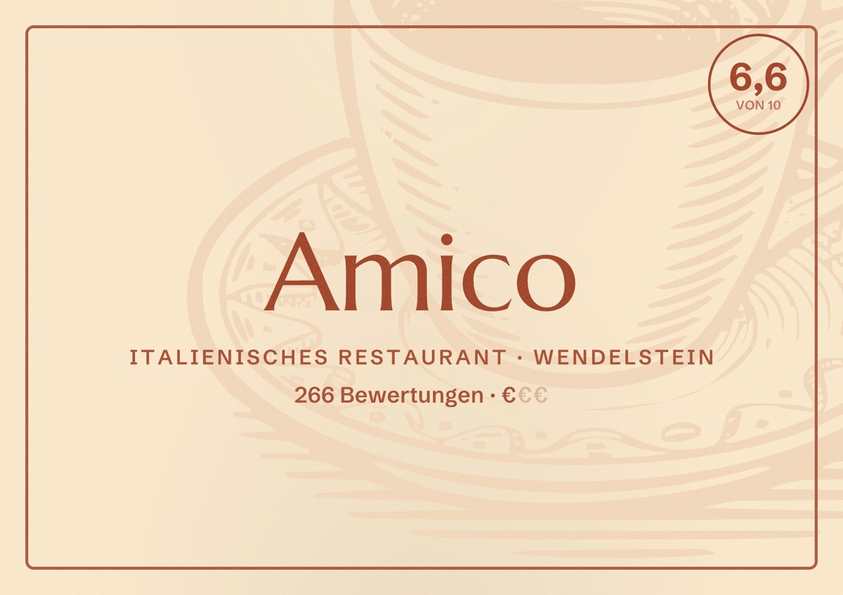 Illustriertes Poster von Amico, Italienisches Restaurant in Wendelstein: Bewertung 6,6 von 10 aus 266 Bewertungen, Preisniveau €