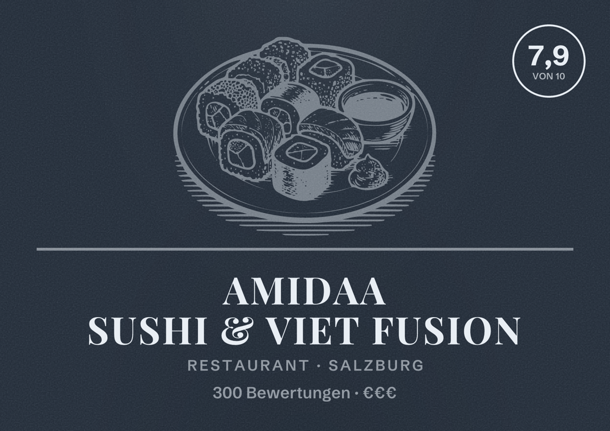 Illustriertes Poster von Amidaa Sushi & Viet Fusion, Restaurant in Salzburg: Bewertung 7,9 von 10 aus 300 Bewertungen, Preisniveau €€€