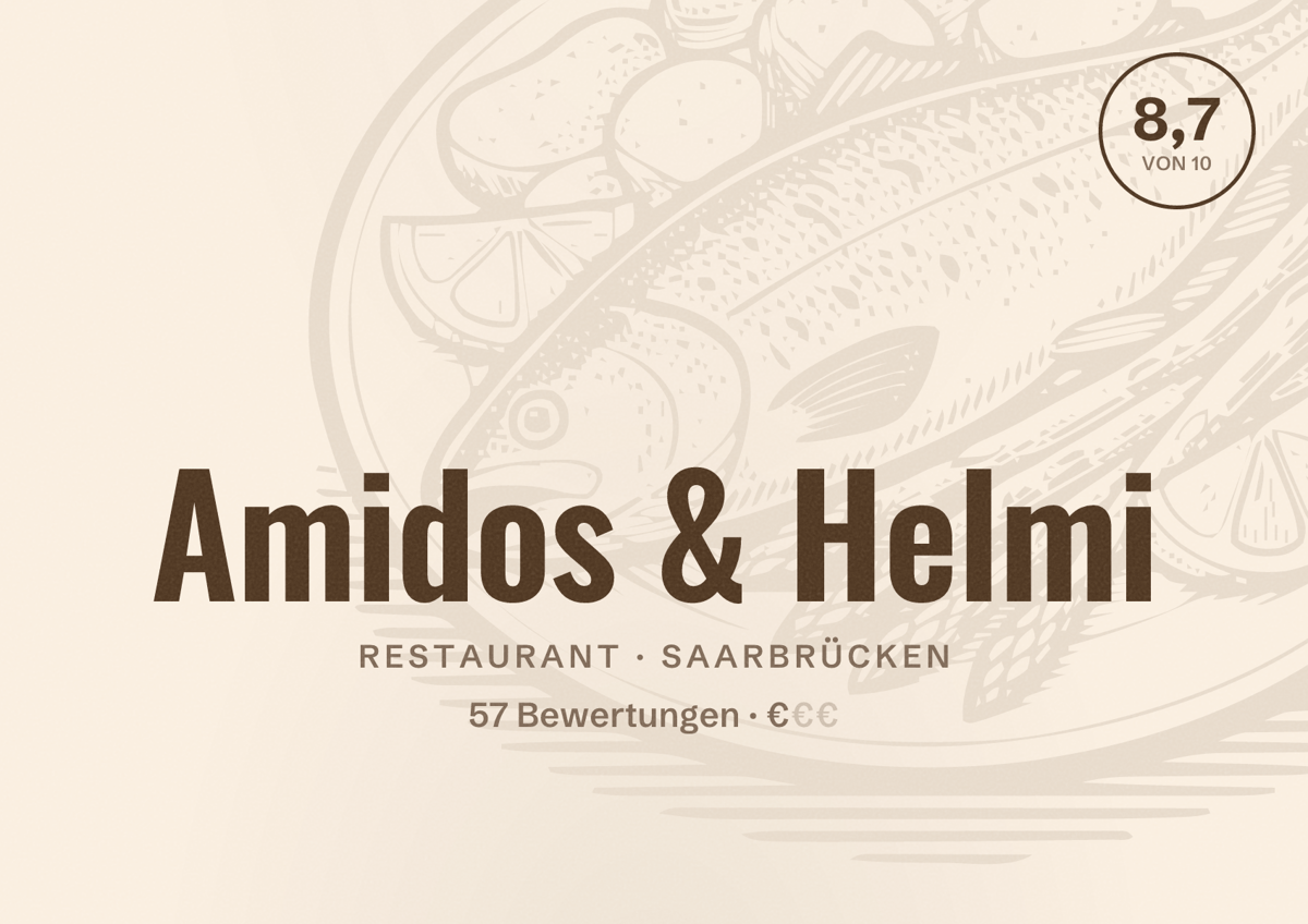 Illustriertes Poster von Amidos & Helmi, Restaurant in Saarbrücken: Bewertung 8,7 von 10 aus 57 Bewertungen, Preisniveau €