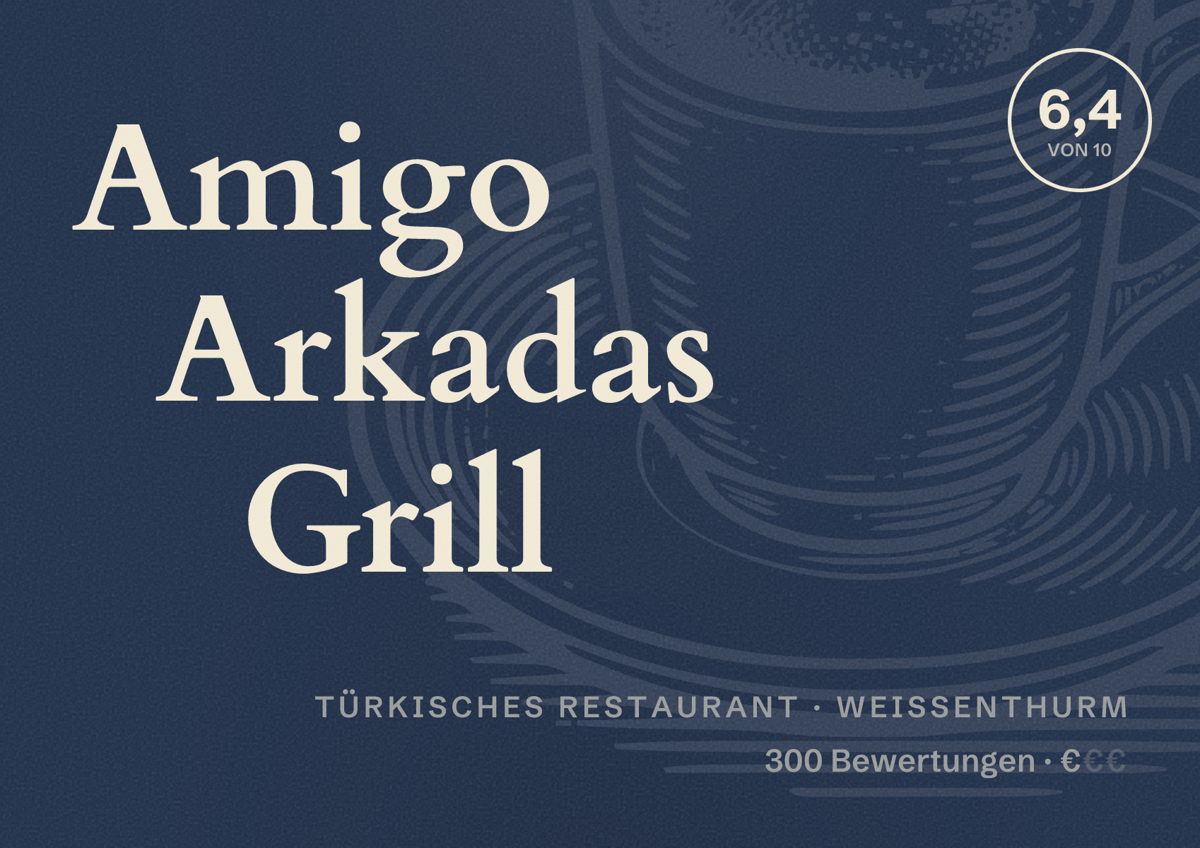 Illustriertes Poster von Amigo Arkadas Grill, Türkisches Restaurant in Weißenthurm: Bewertung 6,4 von 10 aus 300 Bewertungen, Preisniveau €