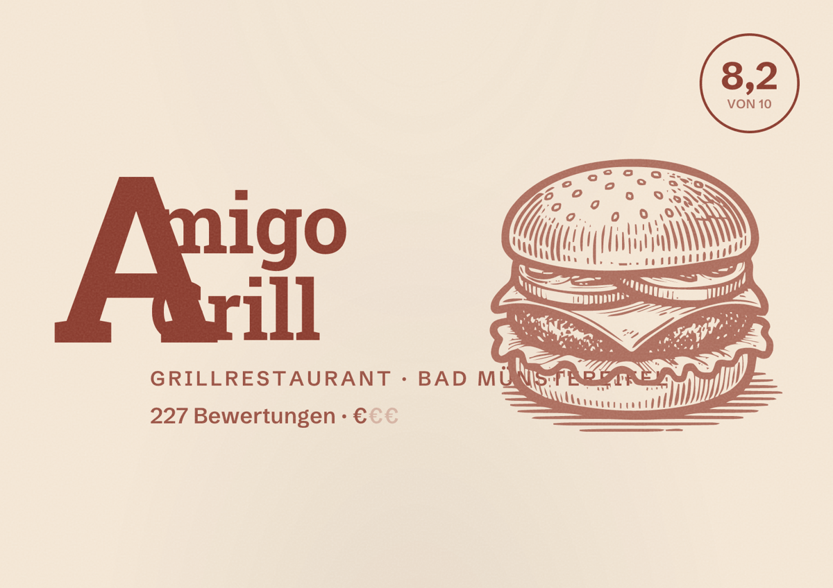 Illustriertes Poster von Amigo Grill, Grillrestaurant in Bad Münstereifel: Bewertung 8,2 von 10 aus 227 Bewertungen, Preisniveau €