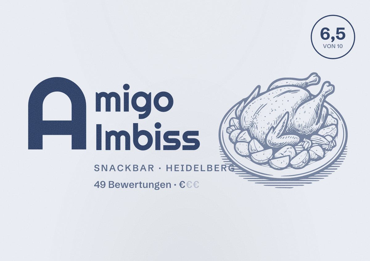 Illustriertes Poster von Amigo Imbiss, Snackbar in Heidelberg: Bewertung 6,5 von 10 aus 49 Bewertungen, Preisniveau €