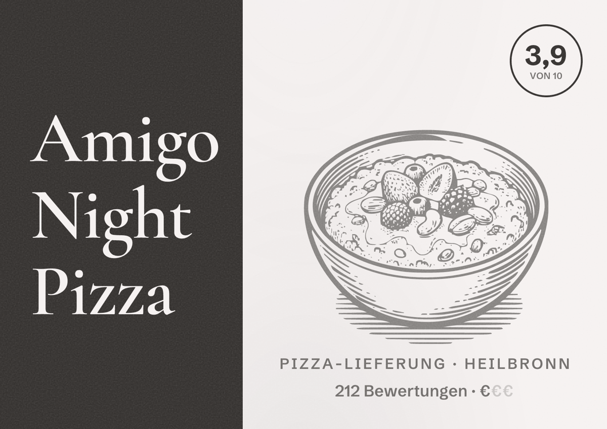 Illustriertes Poster von Amigo Night Pizza, Pizza-Lieferung in Heilbronn: Bewertung 3,9 von 10 aus 212 Bewertungen, Preisniveau €