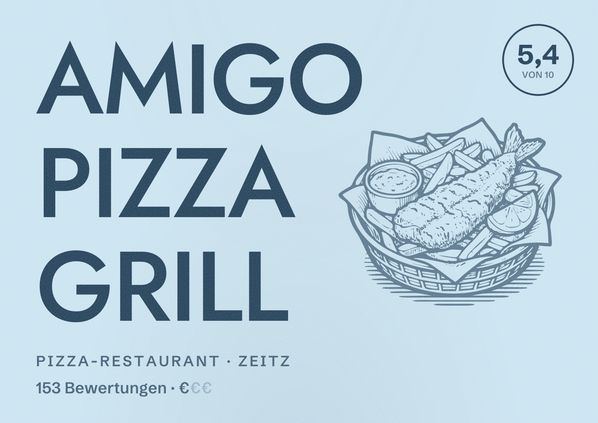 Illustriertes Poster von AMIGO PIZZA GRILL, Pizza-Restaurant in Zeitz: Bewertung 5,4 von 10 aus 153 Bewertungen, Preisniveau €