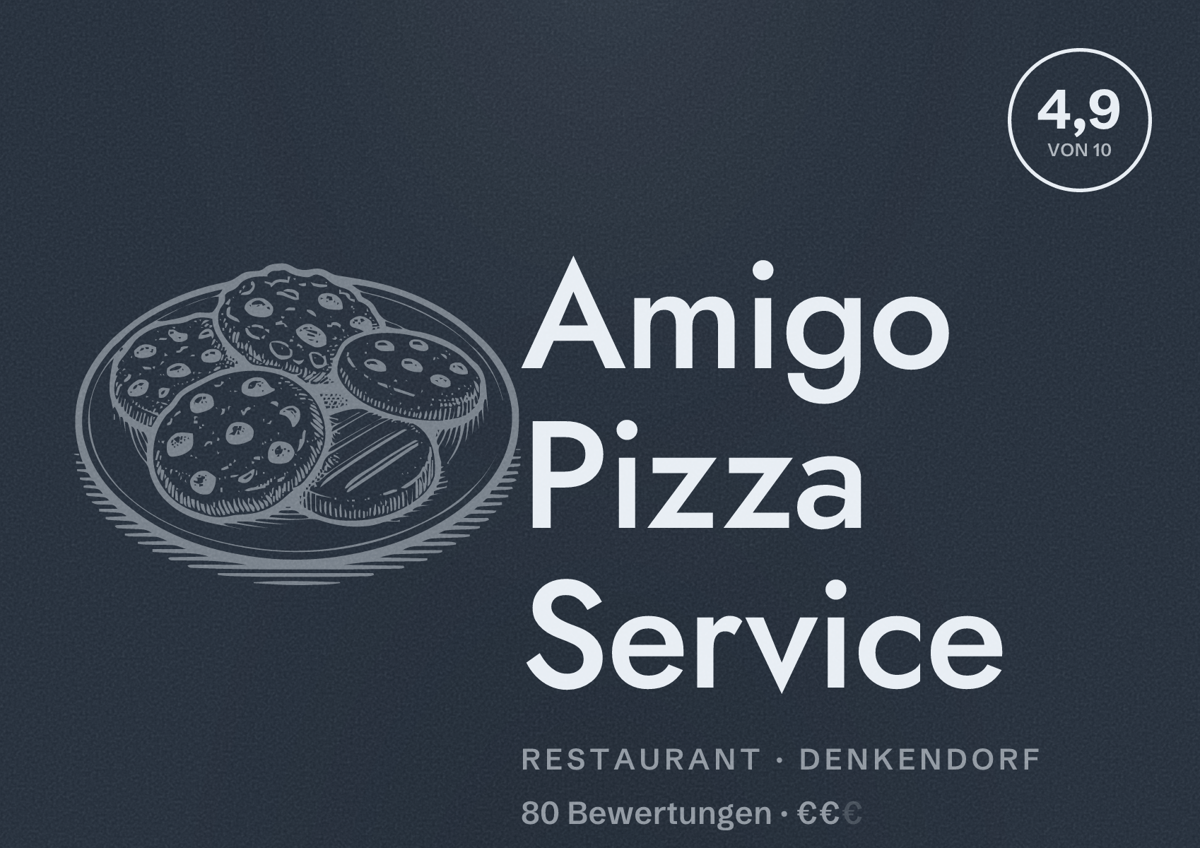 Illustriertes Poster von Amigo Pizza Service, Restaurant in Denkendorf: Bewertung 4,9 von 10 aus 80 Bewertungen, Preisniveau €€
