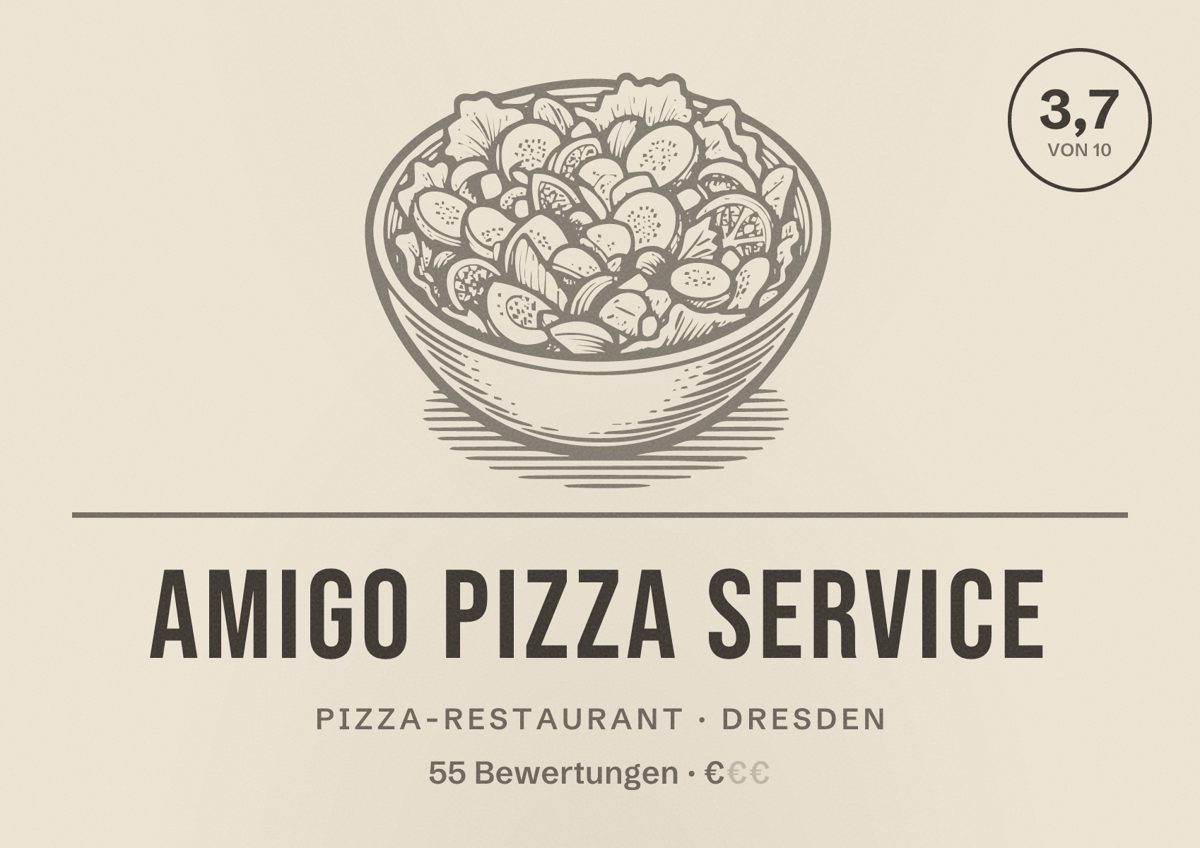 Illustriertes Poster von Amigo Pizza Service, Pizza-Restaurant in Dresden: Bewertung 3,7 von 10 aus 55 Bewertungen, Preisniveau €