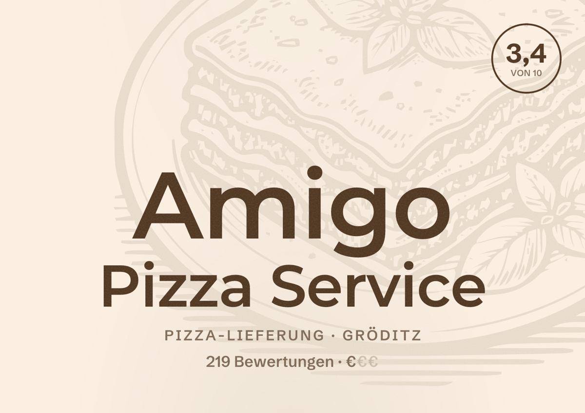 Illustriertes Poster von Amigo Pizza Service, Pizza-Lieferung in Gröditz: Bewertung 3,4 von 10 aus 219 Bewertungen, Preisniveau €