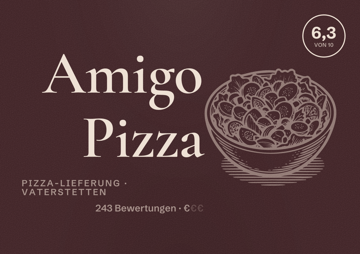 Illustriertes Poster von Amigo Pizza, Pizza-Lieferung in Vaterstetten: Bewertung 6,3 von 10 aus 243 Bewertungen, Preisniveau €