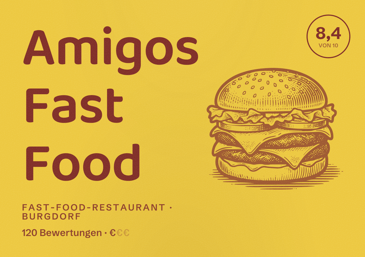 Illustriertes Poster von Amigos Fast Food, Fast-Food-Restaurant in Burgdorf: Bewertung 8,4 von 10 aus 120 Bewertungen, Preisniveau €