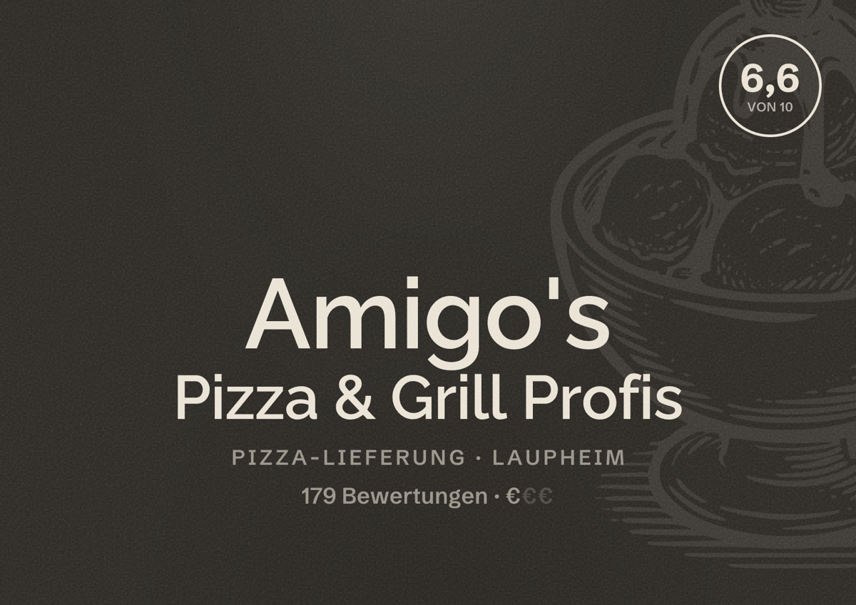 Illustriertes Poster von Amigo's Pizza & Grill Profis, Pizza-Lieferung in Laupheim: Bewertung 6,6 von 10 aus 179 Bewertungen, Preisniveau €