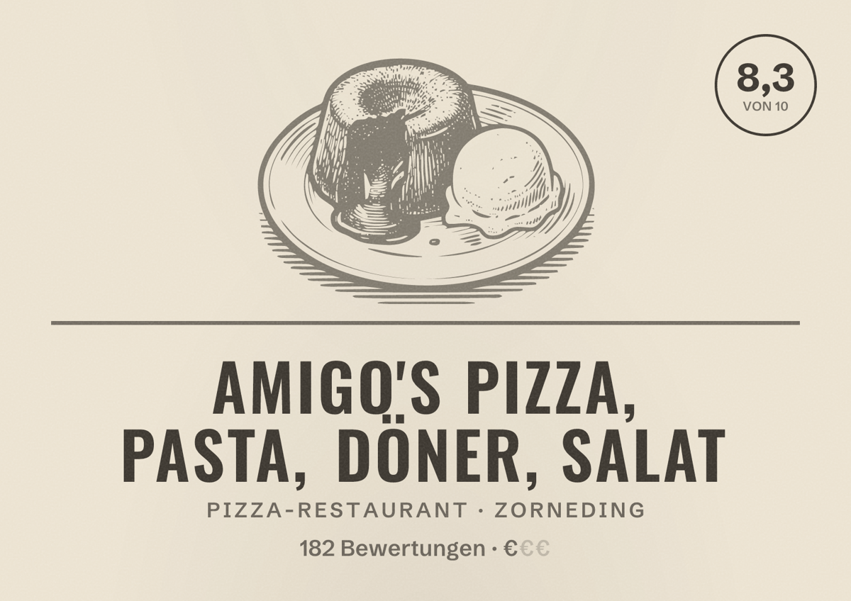 Illustriertes Poster von Amigo's Pizza, Pasta, Döner, Salat, Pizza-Restaurant in Zorneding: Bewertung 8,3 von 10 aus 182 Bewertungen, Preisniveau €