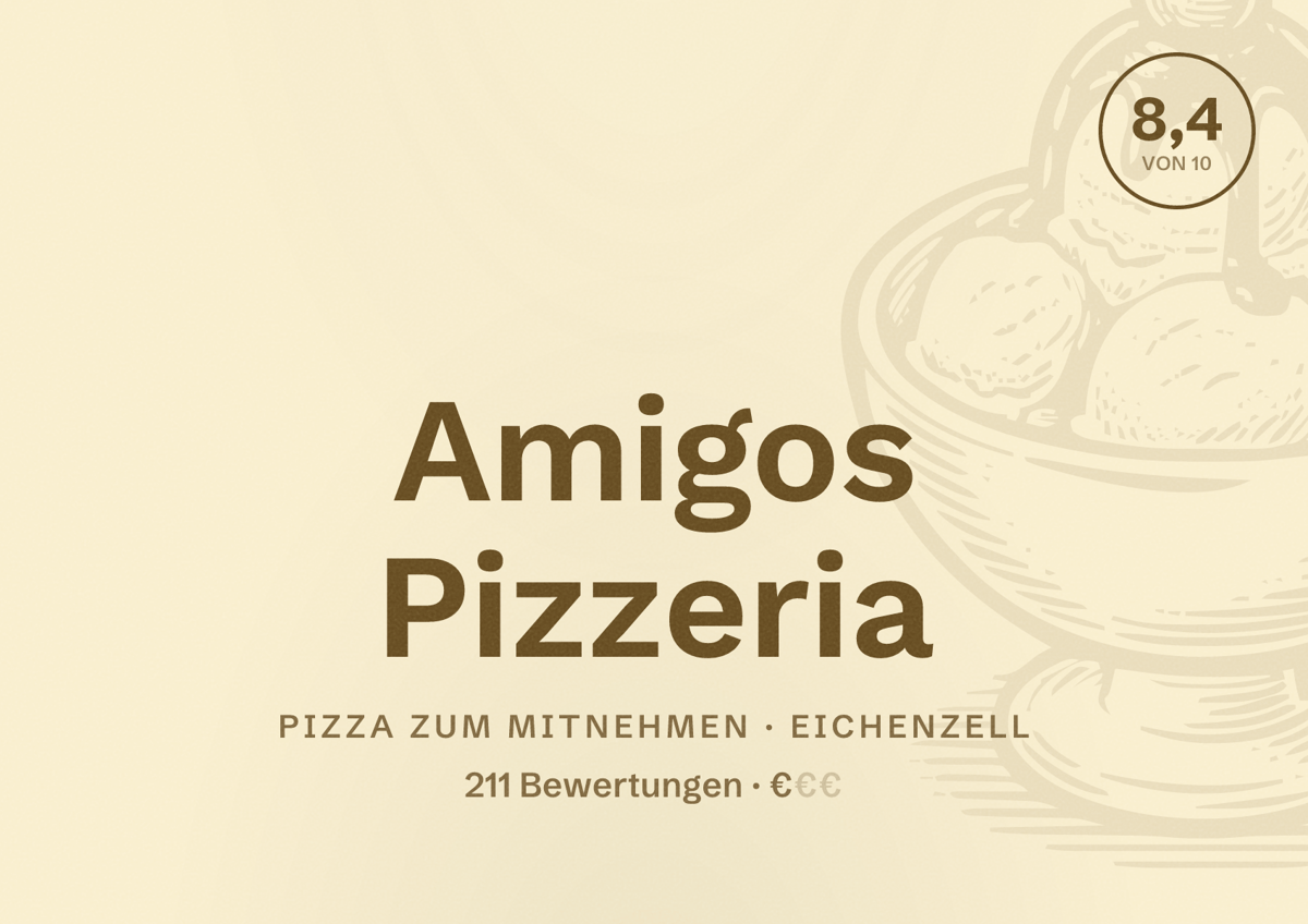 Illustriertes Poster von Amigos Pizzeria, Pizza zum Mitnehmen in Eichenzell: Bewertung 8,4 von 10 aus 211 Bewertungen, Preisniveau €
