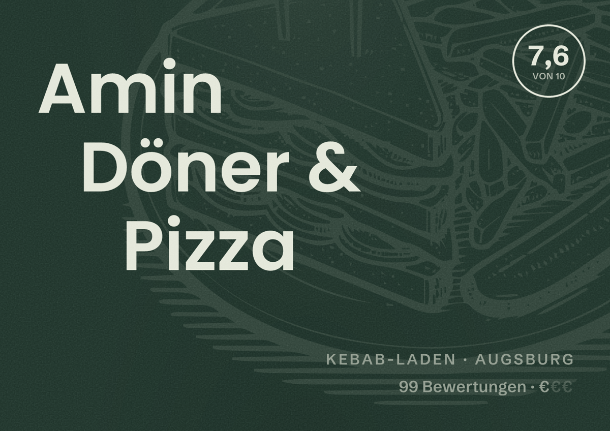 Illustriertes Poster von Amin Döner & Pizza, Kebab-Laden in Augsburg: Bewertung 7,6 von 10 aus 99 Bewertungen, Preisniveau €