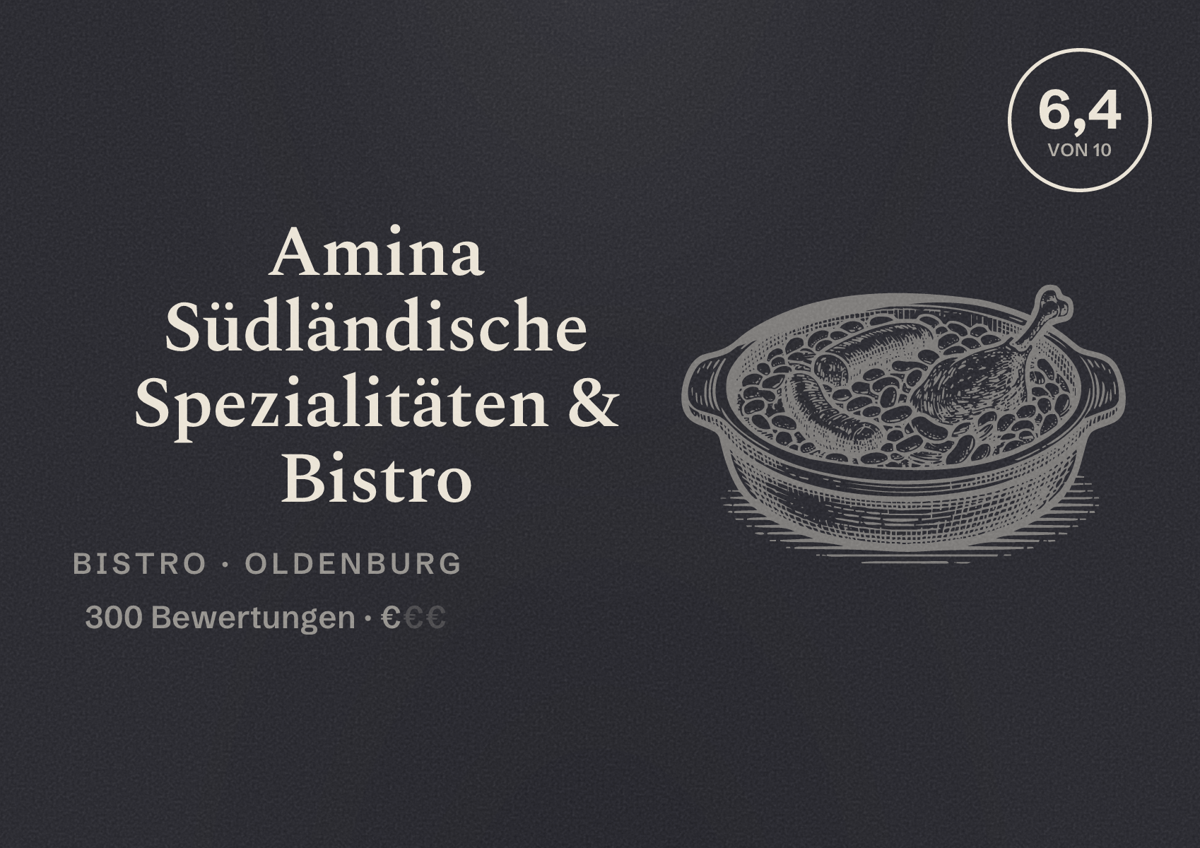 Illustriertes Poster von Amina Südländische Spezialitäten & Bistro, Bistro in Oldenburg: Bewertung 6,4 von 10 aus 300 Bewertungen, Preisniveau €
