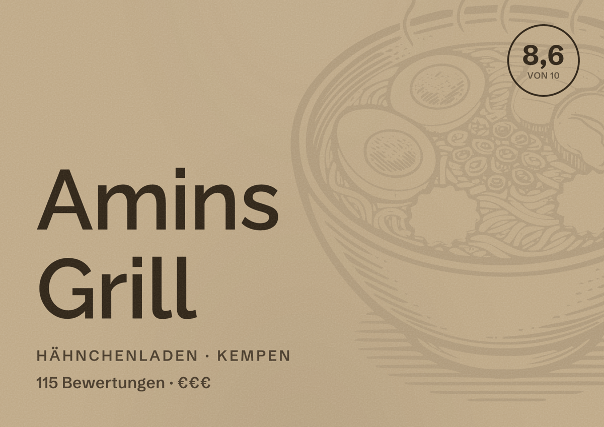 Illustriertes Poster von Amins Grill, Hähnchenladen in Kempen: Bewertung 8,6 von 10 aus 115 Bewertungen, Preisniveau €€€