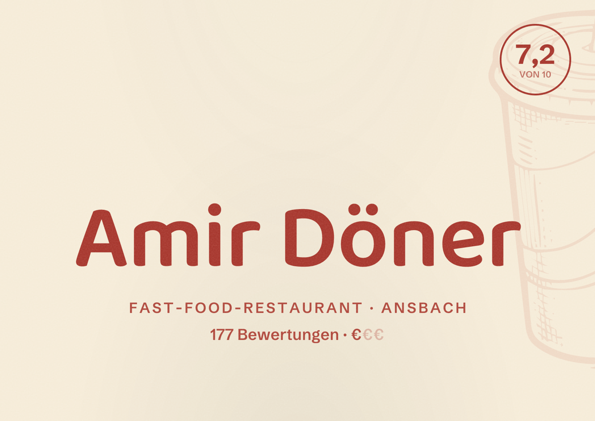 Illustriertes Poster von Amir Döner, Fast-Food-Restaurant in Ansbach: Bewertung 7,2 von 10 aus 177 Bewertungen, Preisniveau €