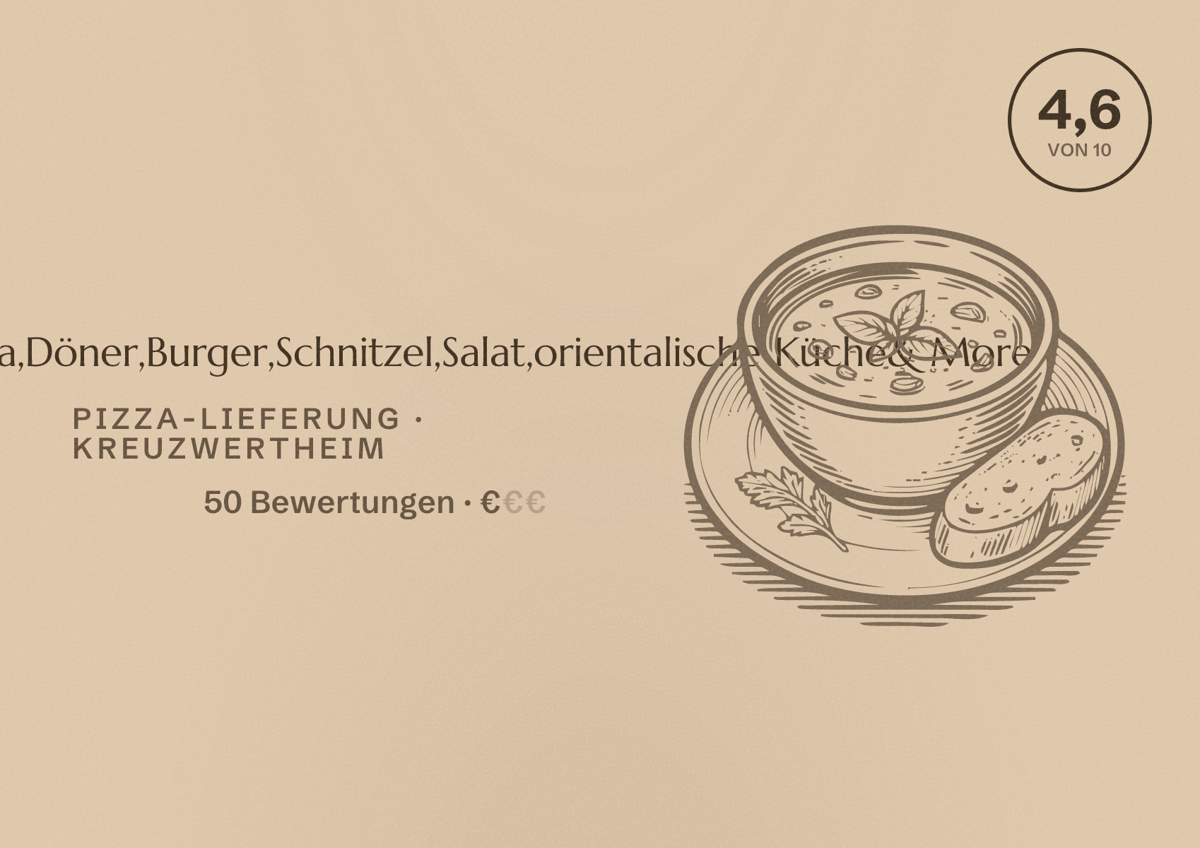 Illustriertes Poster von Amir (Pizza,Pasta,Döner,Burger,Schnitzel,Salat,orientalische Küche& More, Pizza-Lieferung in Kreuzwertheim: Bewertung 4,6 von 10 aus 50 Bewertungen, Preisniveau €