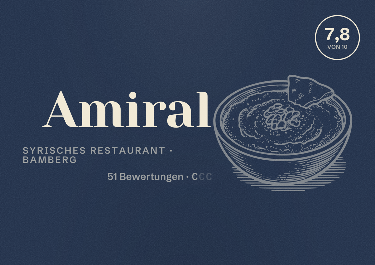Illustriertes Poster von Amiral, Syrisches Restaurant in Bamberg: Bewertung 7,8 von 10 aus 51 Bewertungen, Preisniveau €