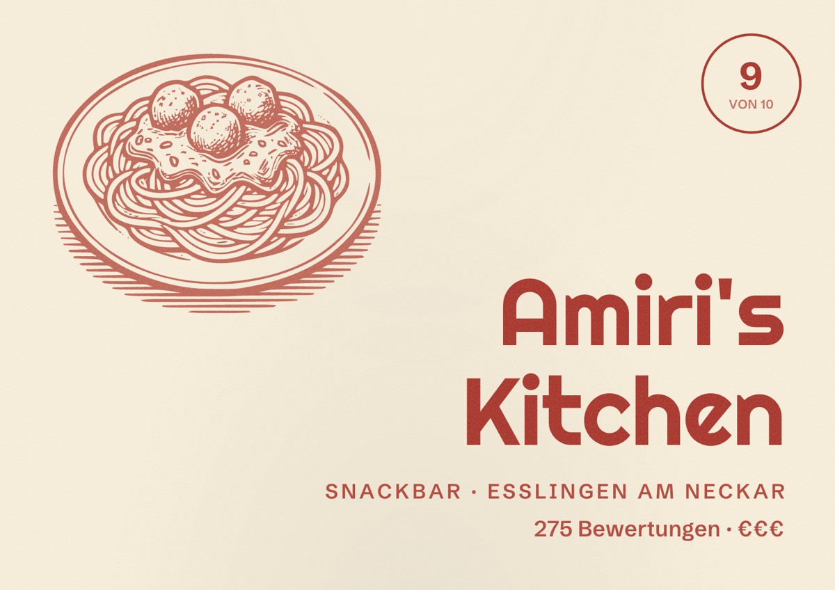 Illustriertes Poster von Amiri's Kitchen, Snackbar in Esslingen am Neckar: Bewertung 9 von 10 aus 275 Bewertungen, Preisniveau €€€
