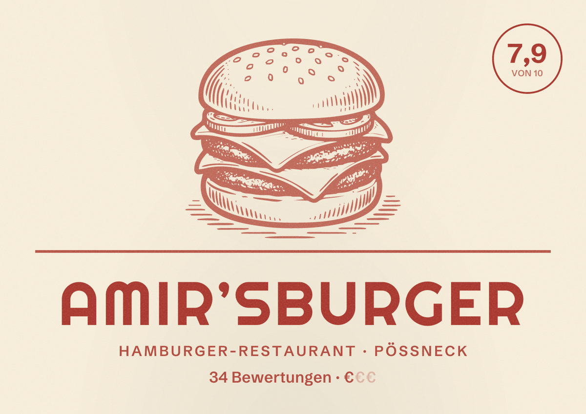 Illustriertes Poster von Amir’sBurger, Hamburger-Restaurant in Pößneck: Bewertung 7,9 von 10 aus 34 Bewertungen, Preisniveau €