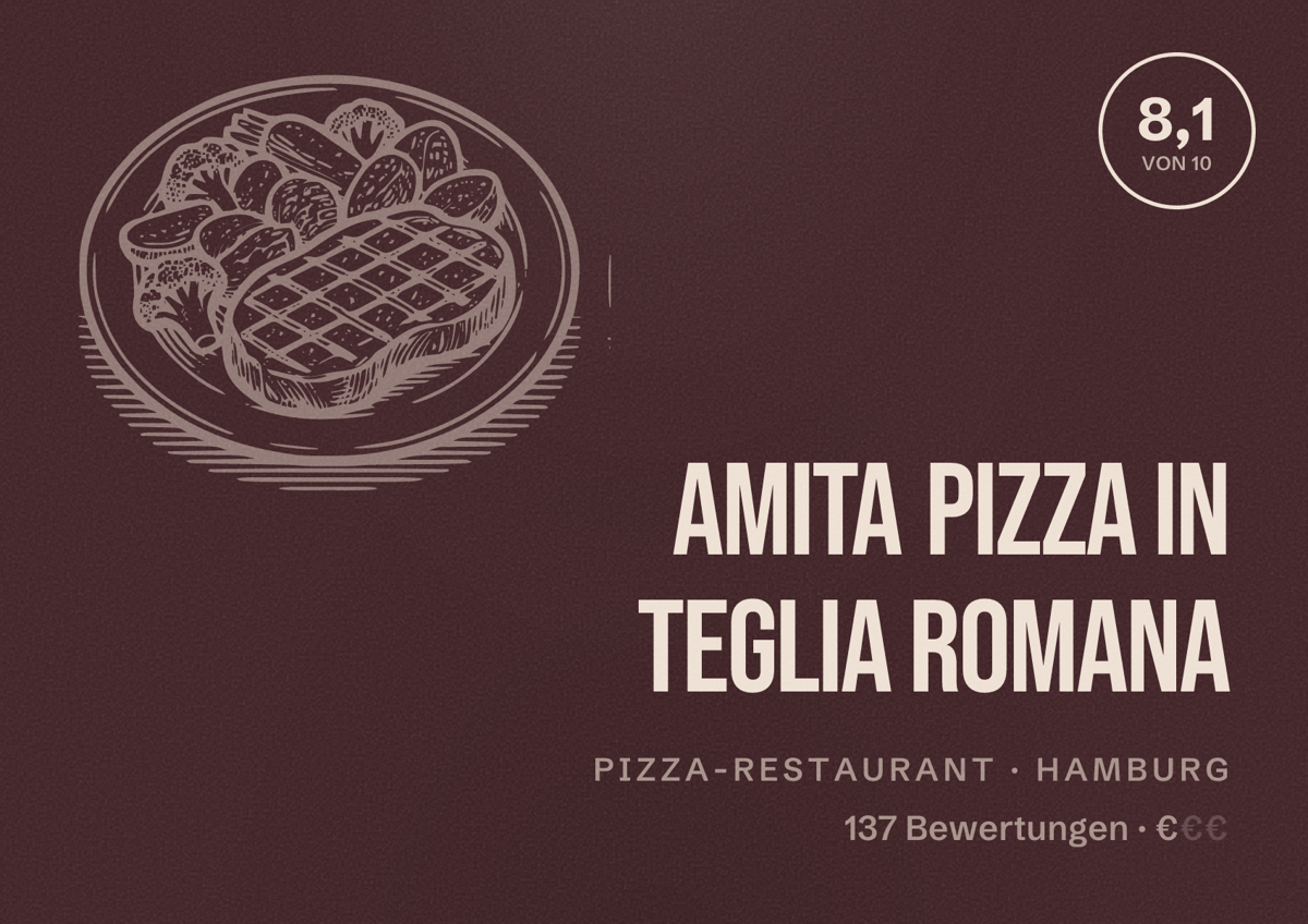 Illustriertes Poster von AMITA Pizza in Teglia Romana, Pizza-Restaurant in Hamburg: Bewertung 8,1 von 10 aus 137 Bewertungen, Preisniveau €