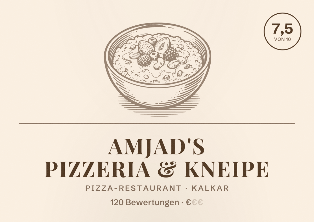 Illustriertes Poster von Amjad's PIZZERIA & KNEIPE, Pizza-Restaurant in Kalkar: Bewertung 7,5 von 10 aus 120 Bewertungen, Preisniveau €