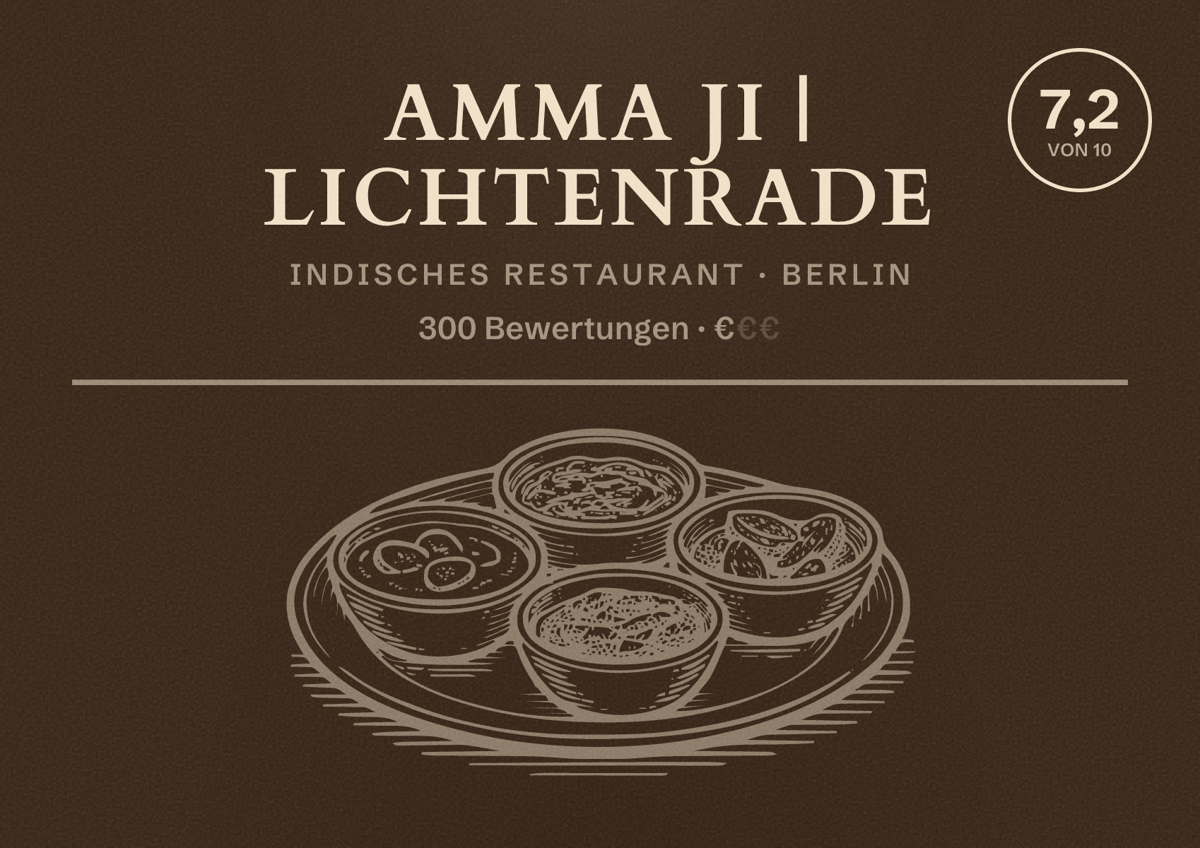 Illustriertes Poster von Amma Ji | Lichtenrade, Indisches Restaurant in Berlin: Bewertung 7,2 von 10 aus 300 Bewertungen, Preisniveau €