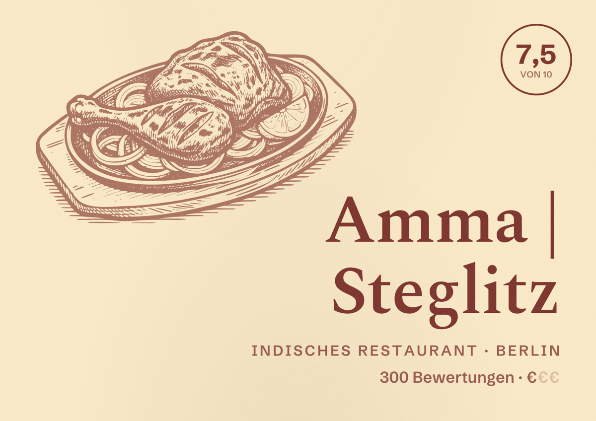 Illustriertes Poster von Amma | Steglitz, Indisches Restaurant in Berlin: Bewertung 7,5 von 10 aus 300 Bewertungen, Preisniveau €