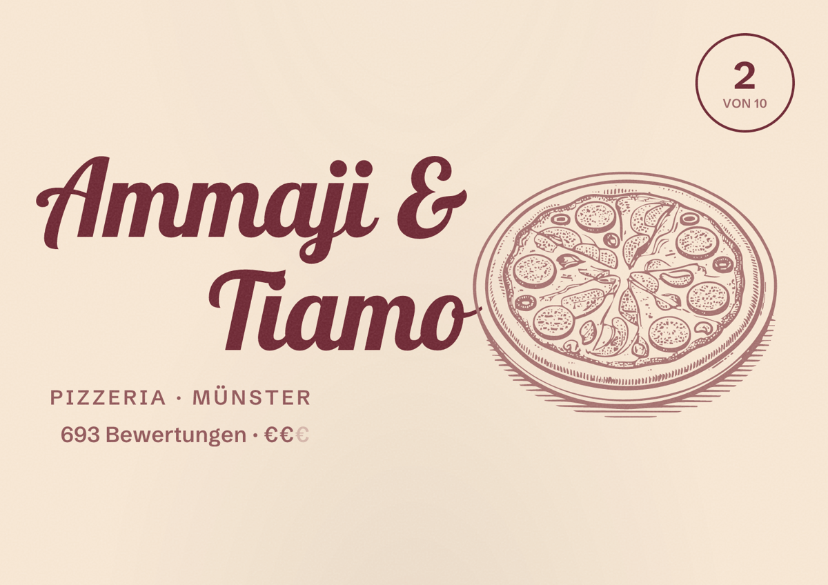 Illustriertes Poster von Ammaji & Tiamo, Pizzeria in Münster: Bewertung 2 von 10 aus 693 Bewertungen, Preisniveau €€