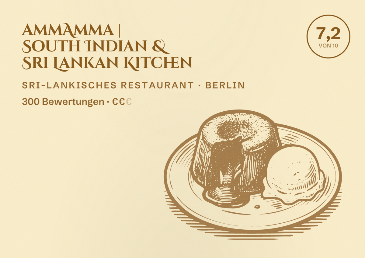Illustriertes Poster von ammAmma | South Indian & Sri Lankan Kitchen, Sri-Lankisches Restaurant in Berlin: Bewertung 7,2 von 10 aus 300 Bewertungen, Preisniveau €€