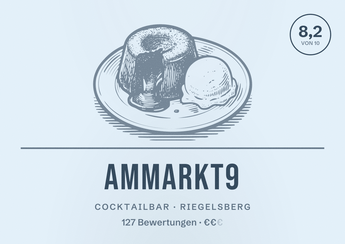 Illustriertes Poster von AmMarkt9, Cocktailbar in Riegelsberg: Bewertung 8,2 von 10 aus 127 Bewertungen, Preisniveau €€