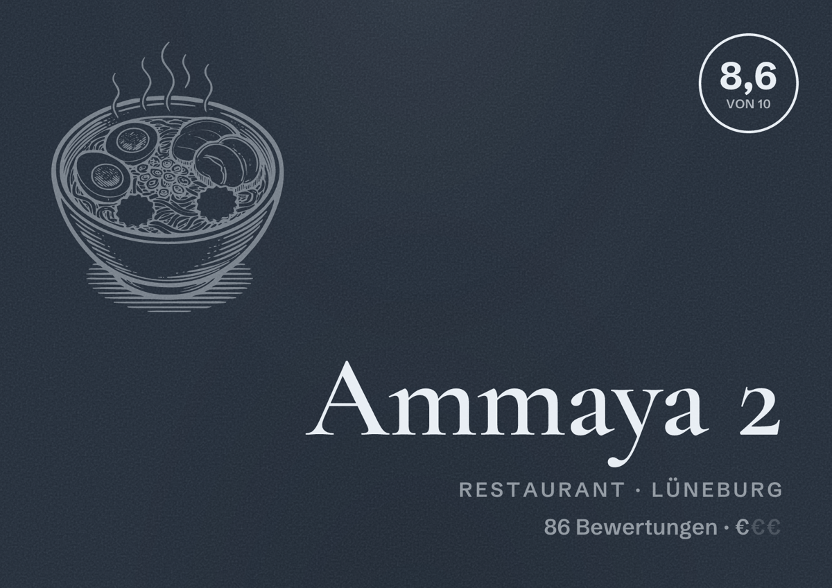 Illustriertes Poster von Ammaya 2, Restaurant in Lüneburg: Bewertung 8,6 von 10 aus 86 Bewertungen, Preisniveau €